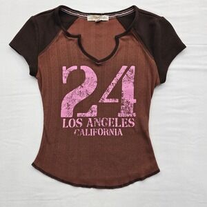 Y2K Grunge Rewind Brown Pointelle Waffle Knit Graphic Top Los Angeles 24 XS